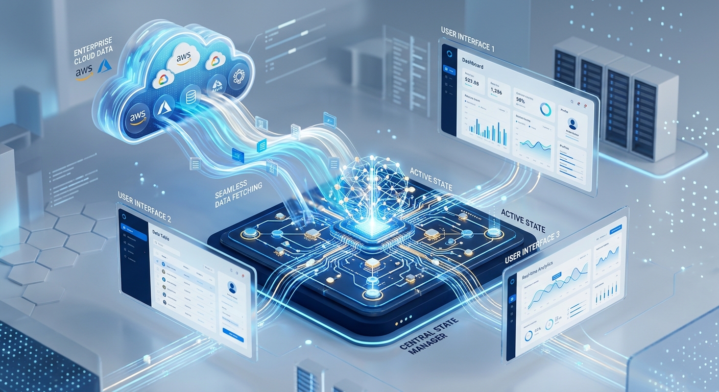 An editorial-style 3D digital illustration representing advanced software architecture and data management. At the center, a luminous, organized hub of interconnected nodes and glowing circuits symbolizes a state manager. Streams of translucent blue and white digital energy flow from a cloud-like structure into this central hub, representing the seamless fetching of enterprise record data. Floating around the hub are clean, minimalist interface panels with abstract data visualizations, signifying a decoupled UI. The scene is set in a sleek, high-tech environment with a soft depth-of-field background. The color palette is professional, dominated by deep navy, bright cyan, and crisp white, evoking a sense of efficiency, modern cloud technology, and sophisticated development.
