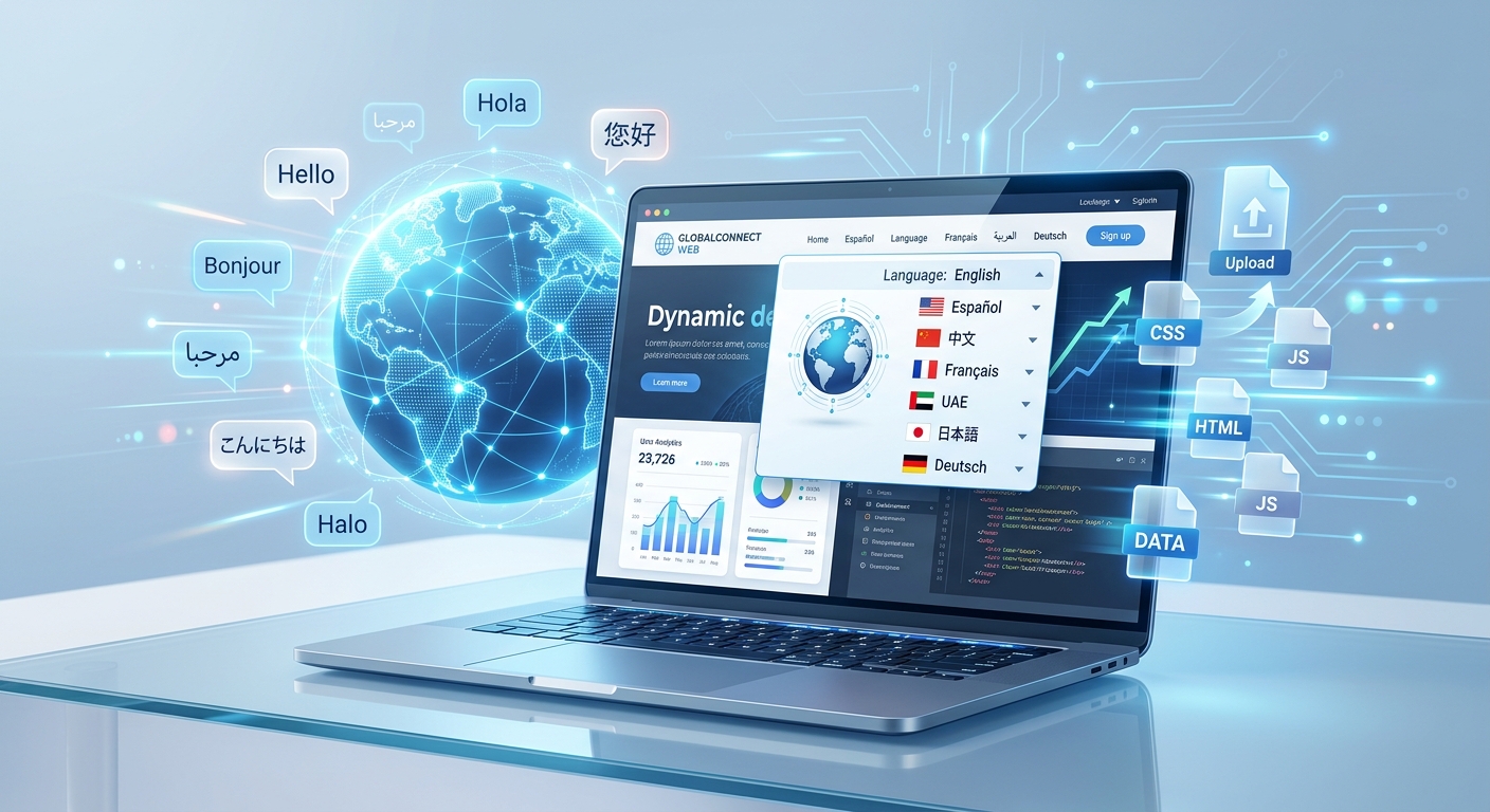 An editorial-style digital illustration of a modern, high-speed web development interface. In the center, a sleek glass-screen laptop displays a professional website layout with a prominent, elegant language selection menu. Surrounding the laptop are floating, translucent digital icons representing global connectivity: a stylized globe made of glowing data lines, speech bubbles containing various international scripts, and shimmering document files being uploaded. The background is a clean, minimalist studio with a soft blue and white gradient, conveying a sense of speed, efficiency, and global reach. The lighting is bright and professional, with a futuristic aesthetic featuring subtle electric-blue accents.