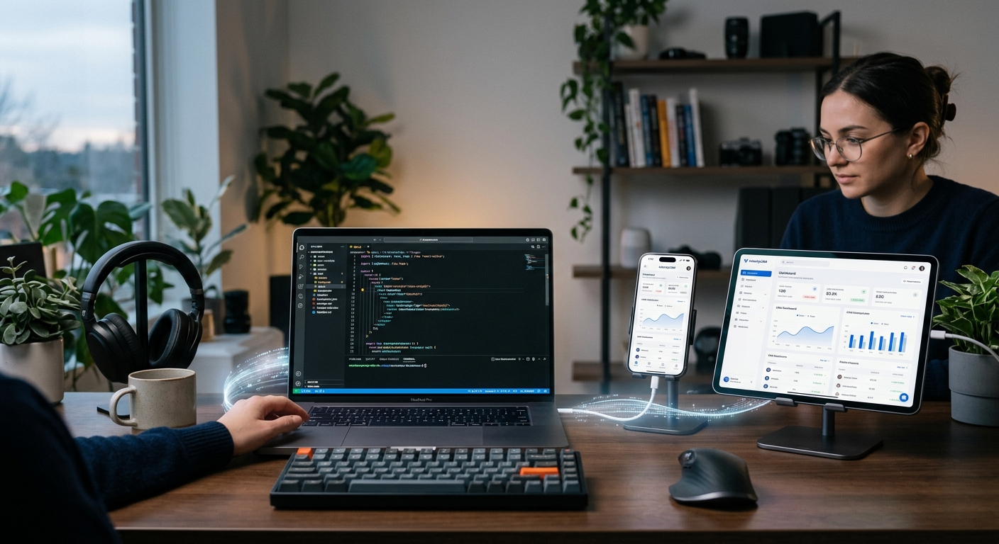 An editorial-style photograph of a modern software developer's workspace, focusing on the seamless transition between desktop coding and mobile app testing. A sleek laptop displays a sophisticated code editor with vibrant syntax highlighting, while a smartphone and a tablet are positioned nearby, showing a real-time, synchronized preview of a clean enterprise application interface. A subtle, glowing digital pulse or data stream connects the laptop to the mobile devices, symbolizing rapid hot-reloading and agile synchronization. The setting is a minimalist, tech-focused studio with soft ambient lighting, high-end hardware, and a professional, futuristic atmosphere, captured with a shallow depth of field.
