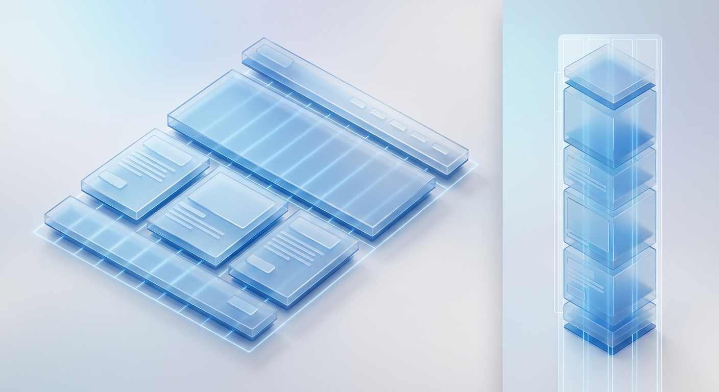 An isometric conceptual visualization of modern web design architecture. The scene features a glowing 12-column grid system acting as the foundation. Translucent, minimalist geometric boxes represent sections and columns, layered like a digital puzzle. One side of the frame displays these elements arranged horizontally for a wide desktop layout, while the other side shows them seamlessly transitioning into a vertical stack for a mobile device interface. The style is clean and editorial, using glassmorphism effects, soft blue and white tones, and high-end studio lighting. The image conveys structure, responsiveness, and professional UI/UX framework without any text or branding.