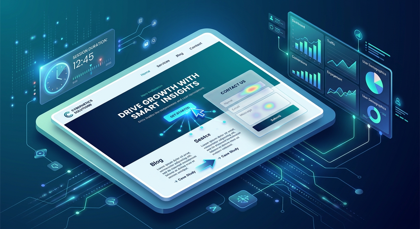 Create a high-quality, 3D isometric editorial illustration depicting advanced web analytics and user behavior tracking. The scene features a sleek, minimalist website interface floating in a clean digital space. Translucent, glowing data overlays are focused on specific interface elements: a glowing cursor clicking a primary button, a subtle highlight over a contact form, and a directional arrow indicating an outbound link. Floating near the interface is a stylized holographic clock representing session duration and a modern dashboard with rising data visualizations and connectivity lines. The color palette is professional and tech-oriented, using deep blues, teals, and soft white light to convey a sense of precision, deep insight, and sophisticated digital architecture.
